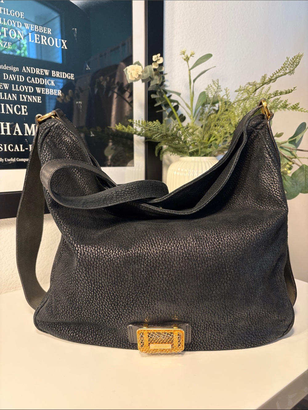 Vintage Gianfranco Ferré Crackled Elephant Print Suede Hobo Bag Mesh Logo